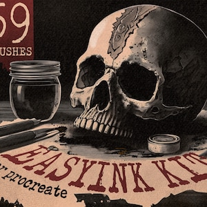 May include: A set of 59 ink brushes for Procreate, shown on a table with a skull, ink jar, and pencils. The text "EASYINK KIT for procreate" is on a piece of paper.