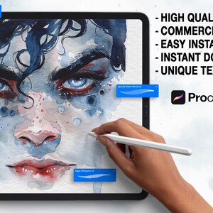 May include: Digital art on a tablet screen featuring a watercolor portrait with blue eyes and dark hair. The image includes the Procreate logo and text: HIGH QUALITY, COMMERCIAL USE, EASY INSTALLATION, INSTANT DOWNLOAD, UNIQUE TEXTURES.