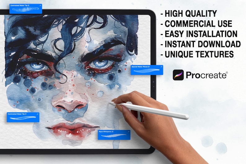 May include: Digital art on a tablet screen featuring a watercolor portrait with blue eyes and dark hair. The image includes the Procreate logo and text: HIGH QUALITY, COMMERCIAL USE, EASY INSTALLATION, INSTANT DOWNLOAD, UNIQUE TEXTURES.