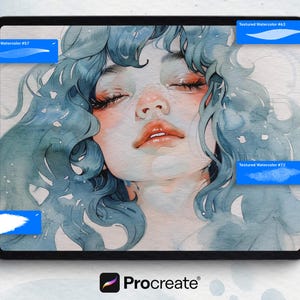May include: Digital art on a tablet featuring a watercolor portrait of a woman with blue hair and closed eyes. The image includes Procreate app branding and brush tool labels. A white stylus is visible.