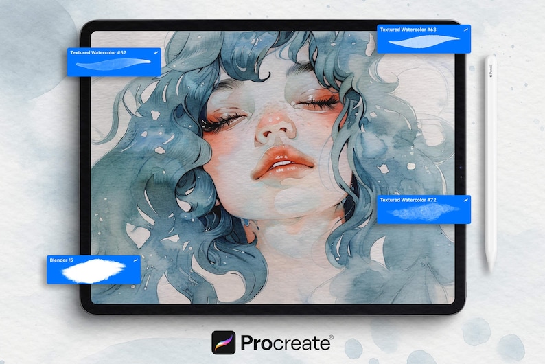 May include: Digital art on a tablet featuring a watercolor portrait of a woman with blue hair and closed eyes. The image includes Procreate app branding and brush tool labels. A white stylus is visible.