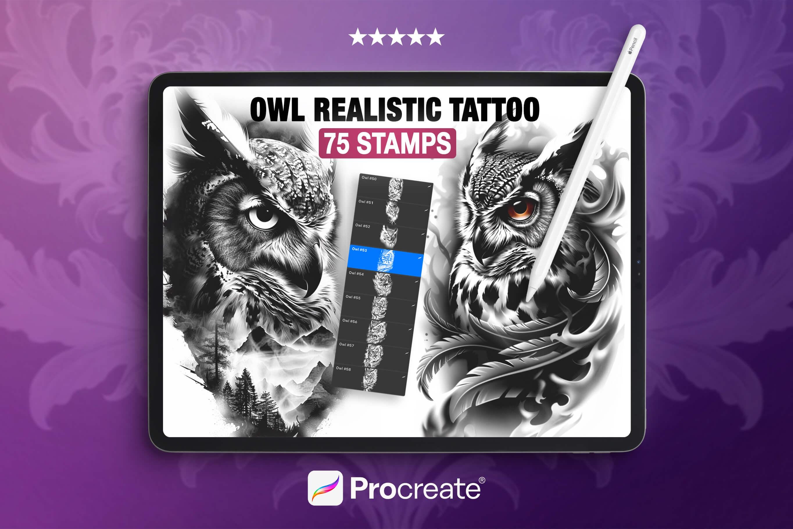 Realistic Owl Tattoo Stamps for Procreate: 75 Detailed Flash Designs - Commercial use