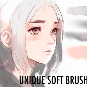 May include: A digital illustration of a woman with white hair and brown eyes. The image is a close-up of her face and shoulders. The text "UNIQUE SOFT BRUSHES" is at the bottom of the image.