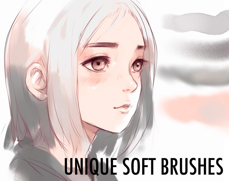 May include: A digital illustration of a woman with white hair and brown eyes. The image is a close-up of her face and shoulders. The text "UNIQUE SOFT BRUSHES" is at the bottom of the image.