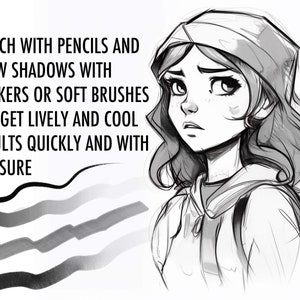 May include: A black and white line drawing of a woman with a bandana on her head. The text "SKETCH WITH PENCILS AND DRAW SHADOWS WITH MARKERS OR SOFT BRUSHES AND GET LIVELY AND COOL RESULTS QUICKLY AND WITH PLEASURE" is written above the woman's head.