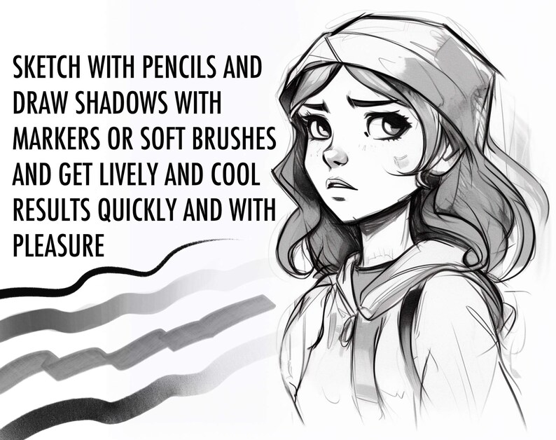 May include: A black and white line drawing of a woman with a bandana on her head. The text "SKETCH WITH PENCILS AND DRAW SHADOWS WITH MARKERS OR SOFT BRUSHES AND GET LIVELY AND COOL RESULTS QUICKLY AND WITH PLEASURE" is written above the woman's head.