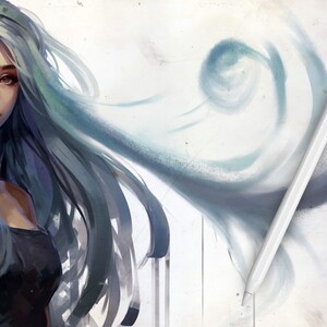 May include: A digital illustration of a woman with long blue hair, wearing a black top. The woman is looking to the right. A white Apple Pencil is lying on a white surface with a blue and gray abstract design.