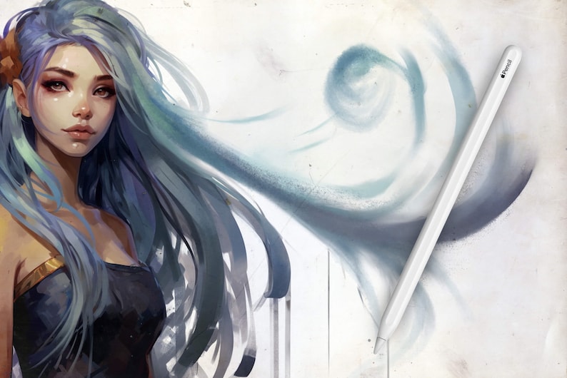 May include: A digital illustration of a woman with long blue hair, wearing a black top. The woman is looking to the right. A white Apple Pencil is lying on a white surface with a blue and gray abstract design.