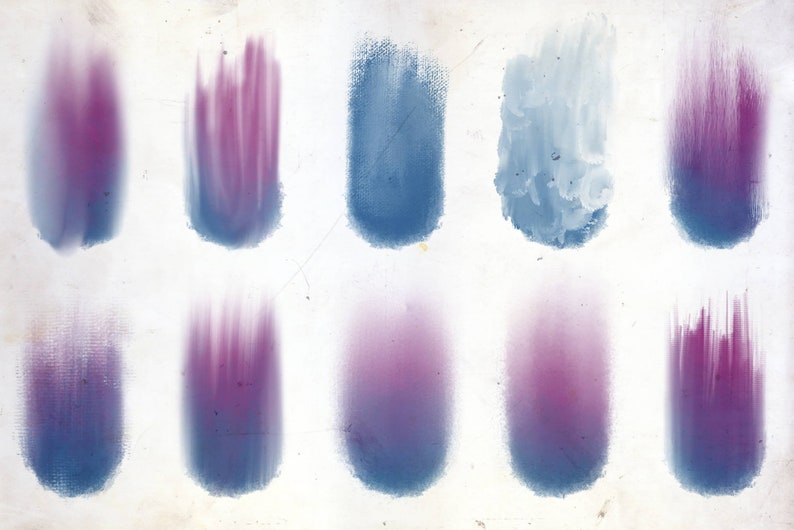 May include: A collection of 10 paint swatches on a white background. The swatches are in shades of blue and purple, with some showing a gradient effect. The swatches are arranged in two rows of five.