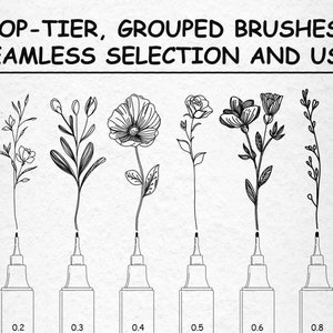 May include: A set of 100 top-tier, grouped brushes for seamless selection and use. The brushes are arranged in a row, with the brush size increasing from left to right. The brush sizes are labeled 0.1, 0.2, 0.3, 0.4, 0.5, 0.6, 0.8, and BRUSH.