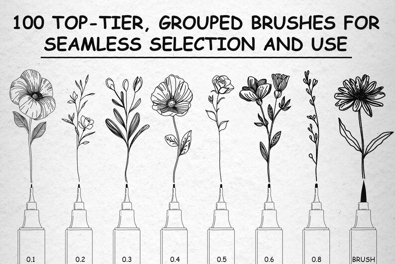 May include: A set of 100 top-tier, grouped brushes for seamless selection and use. The brushes are arranged in a row, with the brush size increasing from left to right. The brush sizes are labeled 0.1, 0.2, 0.3, 0.4, 0.5, 0.6, 0.8, and BRUSH.