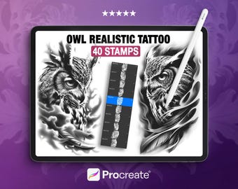 Owl Realistic Tattoo Stamps for Procreate: 40 Black and Grey Designs