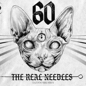 Puede incluir: Ilustración en blanco y negro de un gato esfinge con un tercer ojo, con el texto "60 THE REAL NEEDLES TATTOO BRUSHES" debajo.