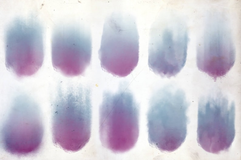 May include: A white background with 12 oval-shaped blotches of color. The blotches are a gradient of blue and purple.