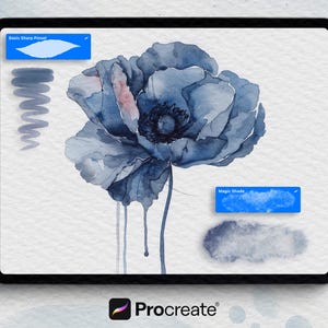 May include: A digital illustration of a blue watercolor flower on a tablet screen. The tablet displays the Procreate app, with a stylus and brushstroke samples. The flower has a dark center and dripping watercolor effects.