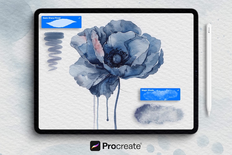 May include: A digital illustration of a blue watercolor flower on a tablet screen. The tablet displays the Procreate app, with a stylus and brushstroke samples. The flower has a dark center and dripping watercolor effects.