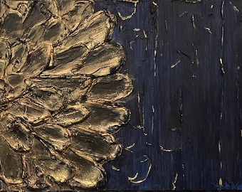 Mid-sized modern artwork in blue and gold. Contemporary expressionism, textured acrylic painting on canvas 36&quot;x12&quot;