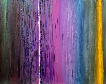 Mid-sized modern artwork in violet, blue and yellow. Contemporary expressionism, textured acrylic painting on canvas 30&quot;x15&quot;