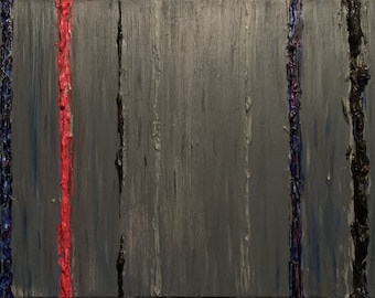 Mid-sized modern artwork in grey with blue and red. Contemporary expressionism, textured acrylic painting on canvas 30&quot;x15&quot;
