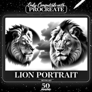 ライオン ポートレート Procreate ブラシ セット | 50 種類の高品質デジタル ブラシ | リアルなライオン タトゥー デザイン | Procreate 用手描きライオン アート
