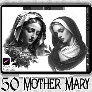 50 Mother Mary Designs | INSTANT DOWNLOAD | Religious Stamps | Procreate Brushes | Tattoo Brush | Mother of Jesus | Commercial Use Allowed