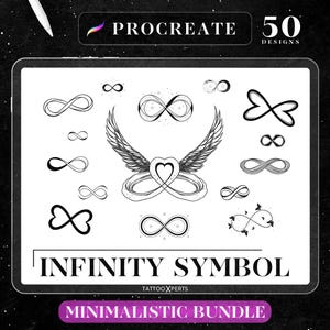 May include: A digital illustration set of 50 minimalist infinity symbol designs in black and white. The designs feature various styles of the infinity symbol, including a heart shape, wings, and a floral design. The text "INFINITY SYMBOL MINIMALISTIC BUNDLE" is at the bottom of the image.