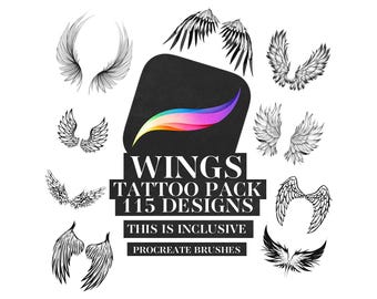 May include: A black and white graphic design set of 115 wing tattoo designs. The text "Wings Tattoo Pack 115 Designs" is displayed in white on a black background. The text "This is inclusive Procreate Brushes" is displayed in white on a black background.