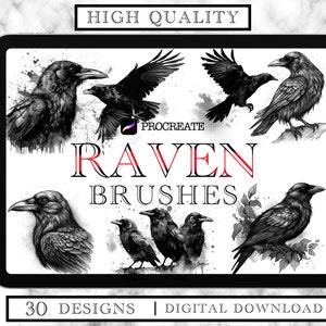 Raven Portrait Designs for Procreate / tattoo stamp - 30 designs - stamps digital for iPad - unique illustration flash - Raven Tattoo