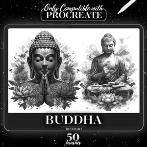 Könnte beinhalten: Schwarzweiß-Digitalillustration von zwei Buddha-Figuren. Der Buddha links befindet sich in einer Gebetsposition, umgeben von Blumen. Der Buddha rechts sitzt in meditativer Pose mit einer Lotusblume zu seinen Füßen. Der Text "BUDDHA REYERTART 50 brushes" befindet sich am unteren Rand des Bildes.