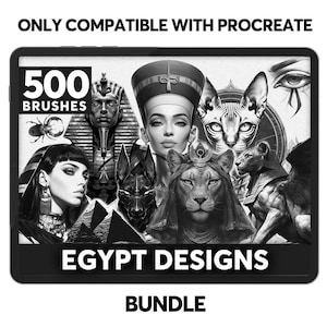 Könnte beinhalten: Ein digitales Kunstpaket, das auf einem Tablet angezeigt wird und schwarz-weiße Illustrationen ägyptischer Designs zeigt. Das Bild enthält den Text "500 BRUSHES" und "EGYPT DESIGNS BUNDLE". Das Kunstwerk zeigt Pharaonen, Katzen und andere ägyptische Elemente.