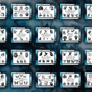 May include: A collection of 20 digital brush sets featuring various animal illustrations. Each set includes 20 unique brushes, with names like Husky, Hedgehog, Frog, Parrot, Penguin, Pelican, Lizard, Pigeon, Emu, Icebear, Shark, Owl, Raven, Lemur, Koi, Squirrel, Butterfly, Dove, Squid, and Antelope.
