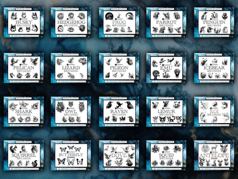 May include: A collection of 20 digital brush sets featuring various animal illustrations. Each set includes 20 unique brushes, with names like Husky, Hedgehog, Frog, Parrot, Penguin, Pelican, Lizard, Pigeon, Emu, Icebear, Shark, Owl, Raven, Lemur, Koi, Squirrel, Butterfly, Dove, Squid, and Antelope.