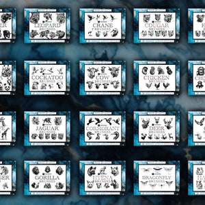 May include: A collection of 20 digital brush sets featuring black and white illustrations of animals, birds, and insects. Each set includes 20 brushes, with names like Panther, Leopard, Crane, Cougar, Koala, Panda, Cockatoo, Cow, Chicken, Chimpanzee, Giraffe, Jaguar, Cormorant, Deer, Gull, Haflinger, Gorilla, Hyena, Dragonfly, and Hamster.