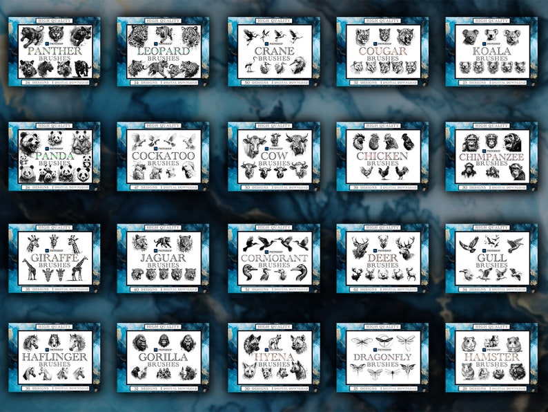 May include: A collection of 20 digital brush sets featuring black and white illustrations of animals, birds, and insects. Each set includes 20 brushes, with names like Panther, Leopard, Crane, Cougar, Koala, Panda, Cockatoo, Cow, Chicken, Chimpanzee, Giraffe, Jaguar, Cormorant, Deer, Gull, Haflinger, Gorilla, Hyena, Dragonfly, and Hamster.