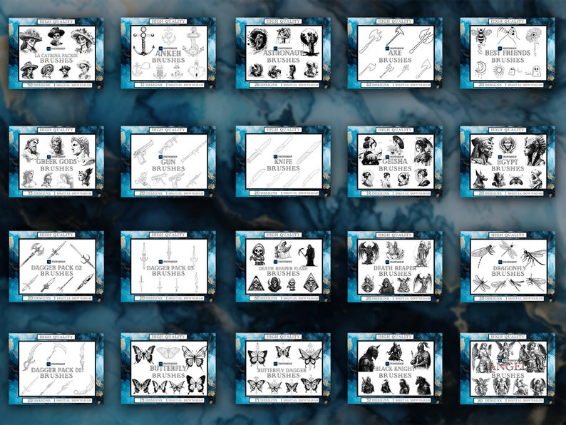 May include: A collection of 20 digital brush sets for graphic design. The brush sets feature various themes, including La Catrina, Anchor, Astronaut, Axe, Best Friends, Greek Gods, Gun, Knife, Geisha, Egypt, Dagger Pack 02, Dagger Pack 03, Death Reaper, Dragonfly, Dagger Pack 01, Butterfly, Butterfly Dagger, Black Knight, and Angel. Each brush set is displayed on a separate tile with a black and white illustration and the name of the brush set.