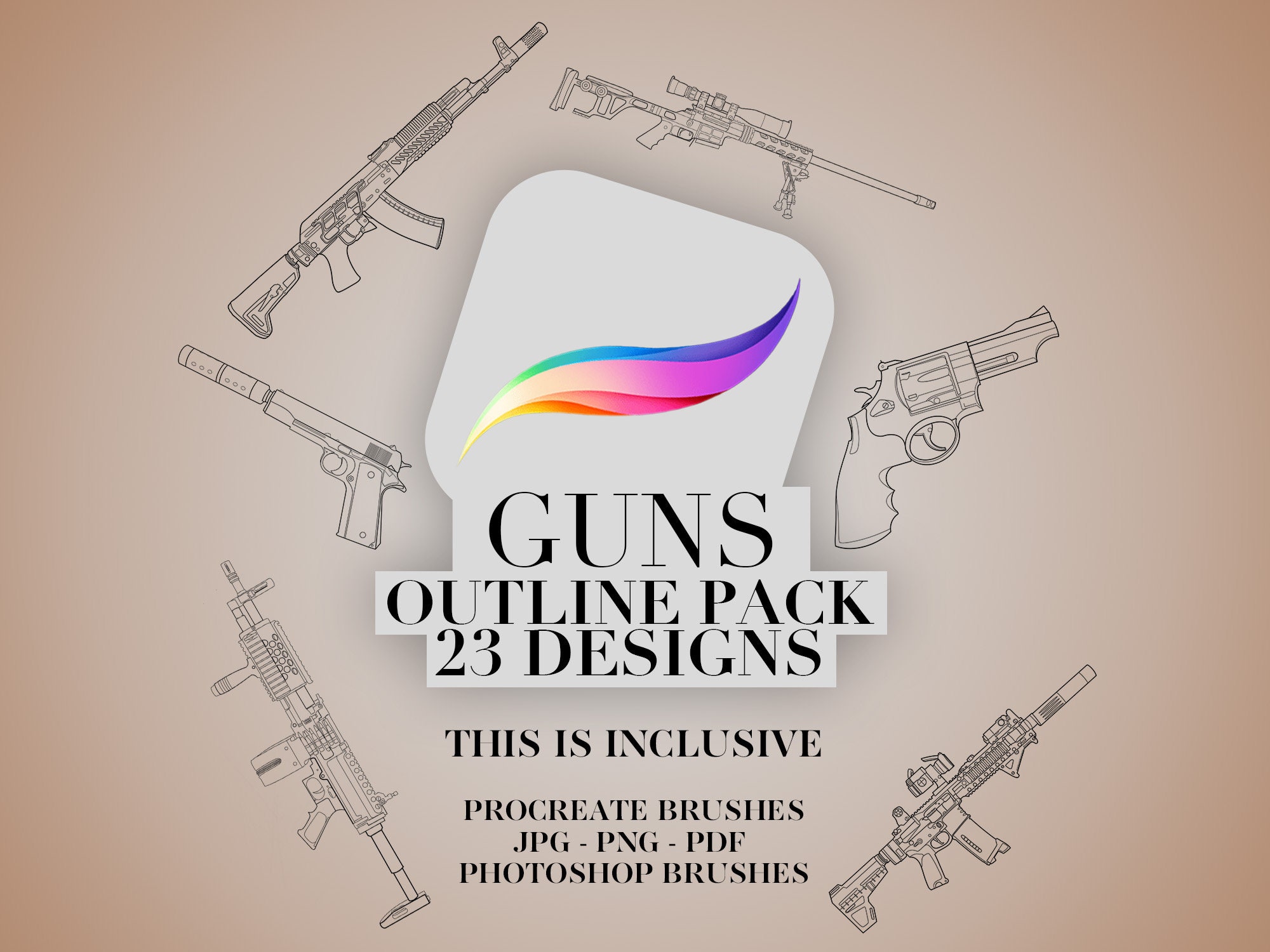 23 Gun / Weapon Outline Tattoo Procreate Brushes - Photoshop Stamps ...