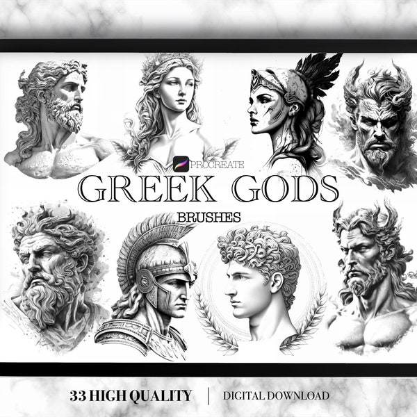 Greek Gods for Procreate / tattoo stencil - 33 designs - stamps digital for iPad - brush set - unique illustration flash.