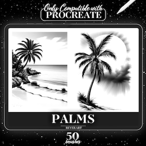 May include: A digital illustration of a set of 50 palm tree brushes for Procreate. The image shows two examples of the brushes, one with a palm tree on a beach and the other with a palm tree in front of a cloudy sky. The text "PALMS" and "REYERART" are displayed below the images.