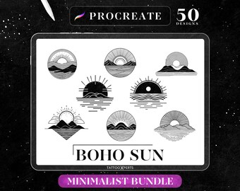 50 minimalistiska soltatueringsstämplar för Procreate – Boho Sea Designs (direkt nedladdning)