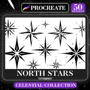 May include: A digital illustration of 50 North Star designs for Procreate. The stars are black and white and have a variety of shapes and sizes. The text "NORTH STARS" and "CELESTIAL COLLECTION" is at the bottom of the image.