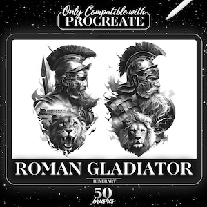 Könnte beinhalten: Schwarz-Weiß-Illustration mit zwei römischen Gladiatoren. Die Bilder zeigen eine Gladiatoren-Büste, einen Löwen und den Text "ROMAN GLADIATOR" und "50 brushes". Der obere Text lautet "Only Compatible with PROCREATE".