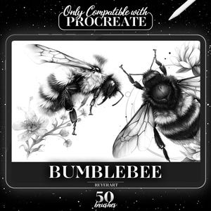 Puede incluir: Una ilustración digital de dos abejorros con pelaje negro y blanco, rodeados de flores. El texto "Bumblebee" y "50 brushes" se muestra debajo de la imagen. El texto "Only Compatible with Procreate" se muestra en la parte superior de la imagen.