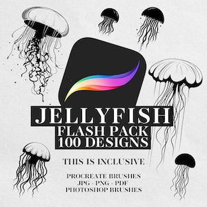 100 Jellyfish tattoo designs - Procreate stamps, Photoshop brushes, Jpg - Png and Pdf. High Quality, instand download. Ocean, Sea, Animal