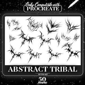 Pode incluir: Pincéis de arte digital para Procreate, com 50 designs tribais abstratos em preto. A imagem apresenta várias formas pontiagudas e angulares, com o texto "ABSTRACT TRIBAL" e "Only Compatible with Procreate."