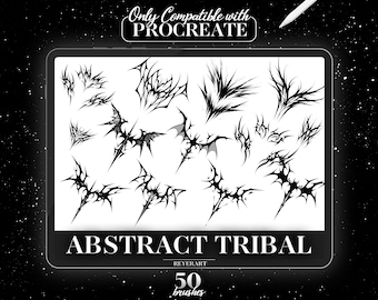 Op de afbeelding: Digitale kunstpenselen voor Procreate, met 50 abstracte tribale ontwerpen in zwart. De afbeelding toont verschillende stekelige en hoekige vormen, met de tekst "ABSTRACT TRIBAL" en "Only Compatible with Procreate."