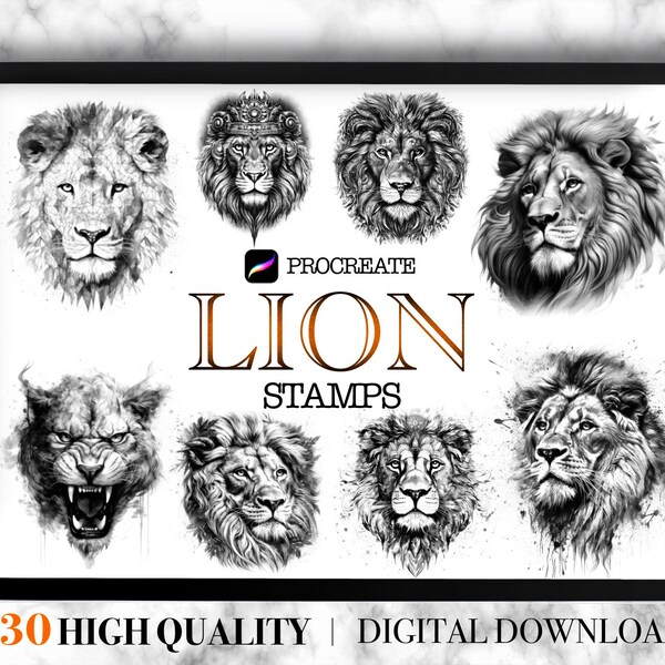 Lion Designs for Procreate / тату-штамп - 30 дизайнов - штампы цифровые для iPad - уникальная флэш-иллюстрация - Lion Tattoo