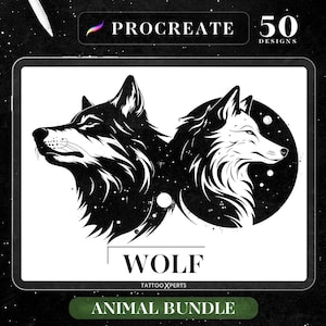 50 Wolf Designs | INSTANT DOWNLOAD | Animal Stamps | Procreate Brushes | Tattoo Design | Flash | Silhouette | Commercial Use Allowed