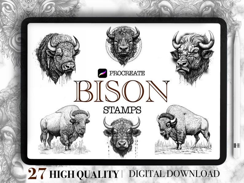 Bison Designs for Procreate / Tattoo Stamp 27 Designs Stamps Digital