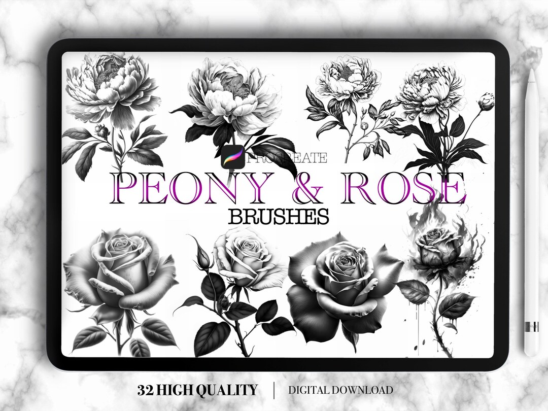 32 Procreate Peonys & Roses Brush Set - Tattoo Brushes Stencil Stamps ...