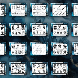May include: A collection of 20 digital brush sets for graphic design. The brush sets feature various themes, including women, wings, tribal, swords, spiders, skulls, samurai, roses, oni masks, Nordic mythology, mystical swords, mushrooms, lightning, La Catrina, alpacas, ape monkeys, otters, tigers, and wolves. The brush sets are all in black and white and are designed for use in Adobe Photoshop.